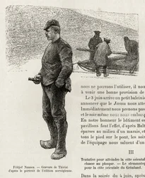 Portræt af Fridtjof Nansen (1861-1930) norsk polarforsker. Gravering af Thiriat, til illustration af historien "" La premiere travversee du Greenland"" af Fridtjof Nansen (1861-1930), i 1888, i Le tour du monde, nouveau journal des voyages, redigeret af Ed