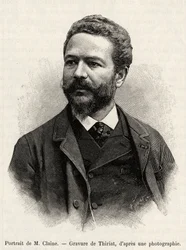 Portræt af Jules Claine (1856-1939), opdagelsesrejsende og diplomat, forfatter til historien. Gravering af Thiriat for at illustrere historien "" et år i Malaysia", af Jules Claine (1856-1939)