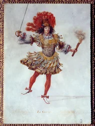 Kostume til krigen, der med den ene hånd holder en fakkel og på den anden et sværd i balletten "" Les noces de Pelee et Thetis"" (Le Nozze di Peleo et di Teti) af Carlo Caprioli (eller Caproli) del Violino, spiller den 26/01/1654 på Peer Bourbon. Krigens r