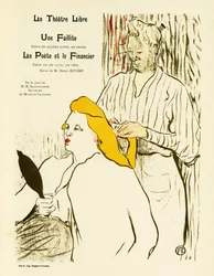 En blond kvinde ser sig selv i et spejl, mens hun får stylet sit hår. Plakat for Une faillite et Le Poete et le Financier, teaterstykker repræsenteret i 1893 på Free Theatre skabt i 1887 af Andre Antoine (1858-1943), Illustration en lithogr