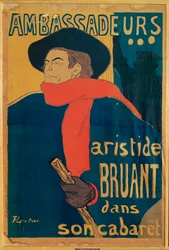 Aristide Bruant, sanger og komponist, på en plakat, der annoncerer hans optræden på den elegante natklub "Les Ambassadeurs" på Champs Elysees (litho)