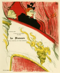 En kvinde i et teateromklædningsrum ved hjælp af en kikkert. Plakat for missionæren, skuespil af Marcel Luguet, repræsenteret i 1893 på Det Frie Teater skabt i 1887 af Andre Antoine (1858-1943), Illustration en lithographie af Henri de Toulouse Lautrec