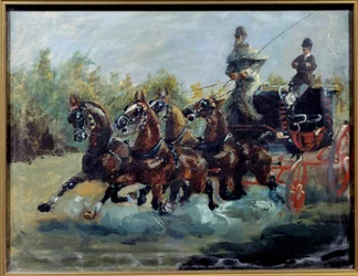 Alphonse from Toulouse Lautrec driving his email coach. The mail coach is a sedan with four horses, with several rows of seats on the top of the car). Painting by Henri de Toulouse Lautrecdani