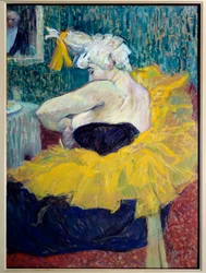 Klovinde Cha-U-Kao, kunstner ved Moulin Rouge Danserinde og klovnesse ved Nouveau Cirque og Moulin Rouge, Cha U Kao sætter sin tutu fast i sit omklædningsrum eller i en privat praksis. Maleri af Henri de Toulouse-Lautrec (1864-1901). 1895. Søn. 0,58x0,43 m