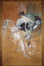 Conquest in transit, kvinden i korsettet Prostituee klæder sig foran sin klient på et bordel. Pastel og tegning af Henri de Toulouse Lautrec (Toulouse-Lautrec