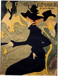 Plakat for den parisiske kabaret ""The Japanese couch"" forestillende danseren Jane Avril (1868-1943) og danseren. forfatter Edouard Dujardin (1861-1949) ser sangerinden Yvette Guilbert (1867-1944) optræde på scenen - Litografi af Henri de Toulouse-Lautr