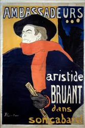 Plakat for det spektakulære af Aristide Bruant (1851-1925), fransk sangskriver. "" Ambassadører - Aristide Sparrow i sin kabaret "". Litografi af Henri de Toulouse-Lautrec (1864-1901). 1892. Dim 1,41 x 0,98 m Bruxelles, musee d