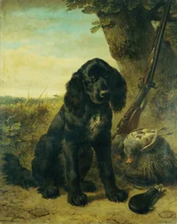 En flad coated retriever ved et træ (olie på lærred)