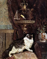Kat, der spionerer på en fugl i et bur - af Henriette Ronner
