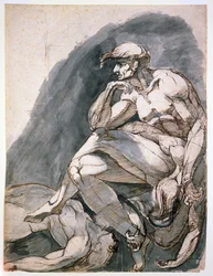 Mand med to døde kvinder, ca. 1772 (pen  brunt blæk med gråvask på papir)