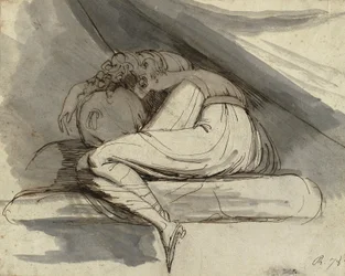 Kvinde siddende, krøllet sammen, efter 1778 (blyant, kuglepen, brunt blæk og grå vask)