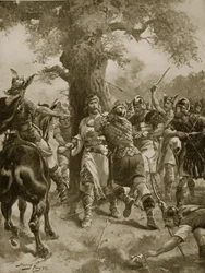 Sankt Edmund dræbt ved danerne, 870 e.Kr., illustration fra »Hutchinsons historie om den britiske nation«, ca. 1920