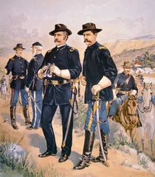 Brigadegeneral Nelson A. Miles, linjeofficerer og hvervede mig i kampagnedragt fra 1888 (farve litho)