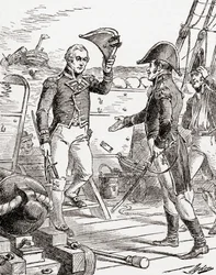 Kaptajn Dacres fra HMS Guerriere overgiver sig og tilbyder sit sværd til kaptajn Hull ombord på USS Constitution efter hans nederlag under krigen i 1812, fra The History of Our Country, udgivet 19
