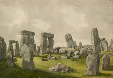 Det indre af Stonehenge i sin nuværende tilstand, viser interiør af sten, mand og hund, 1824-1839