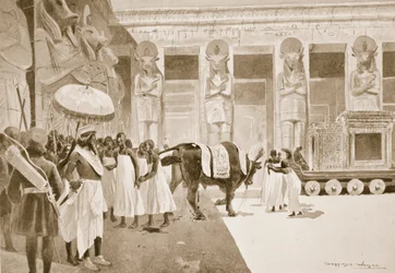 Kambyses dræber den hellige tyr, illustration fra »Hutchinsons nationernes historie«, ca. 1910