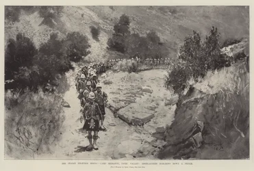 Den indiske grænse, Camp Sheranni, Tochi Valley, Highlanders marcherer ned ad en kløft