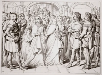 Alftruda genkender Hereward, illustration fra Hereward the Great af Charles Kingsley, pub. 1870, graveret af C.G. Lewis (stålpladegravering)