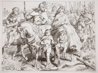 Hereward bevogter Alftruda til et sikkert sted, illustration fra Hereward den Store af Charles Kingsley, pub. 1870, graveret af C.G. Lewis (stålpladegravering)