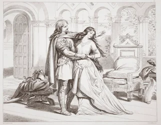 Herewards første samtale med Torfrida, illustration fra Hereward den Store af Charles Kingsley, udgivet af Charles Kingsley. 1870, graveret af C.G. Lewis (stålpladestik)