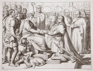 Hvordan Hereward kom ind til kongen, illustration fra Hereward den Store af Charles Kingsley, udgivet af Charles Kingsley. 1870, graveret af C.G. Lewis (stålpladestik)