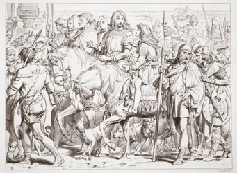 Hvordan Hereward går ind i den indviede fæstning St. Bertin, illustration fra Hereward den Store af Charles Kingsley, pub. 1870, graveret af C.G. Lewis (stålpladegravering)