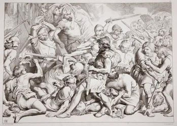 Hvordan Hereward redder Alftruda, illustration fra Hereward the Great af Charles Kingsley, pub. 1870, graveret af C.G. Lewis (stålpladegravering)