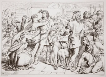 How Hereward slew the bear, illustration fra Hereward the Great af Charles Kingsley, pub. 1870, graveret af C.G. Lewis (stålpladegravering)