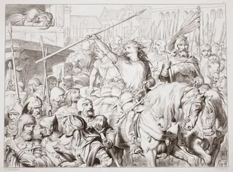 How Hereward turned Berserker, illustration fra Hereward the Great af Charles Kingsley, pub. 1870, graveret af C.G. Lewis (stålpladegravering)