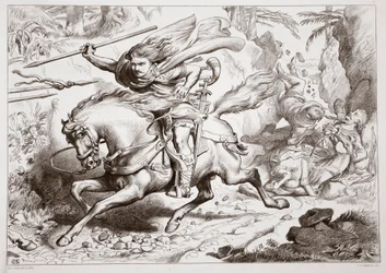 Hvordan Hereward blev fanget i en fælde, illustration fra Hereward the Great af Charles Kingsley, pub. 1870, graveret af C.G. Lewis (stålpladegravering)