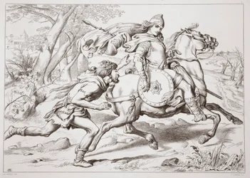Hvordan Martin Lightfoot overtager Hereward, illustration fra Hereward the Great af Charles Kingsley, pub. 1870, graveret af C.G. Lewis (stålpladegravering)