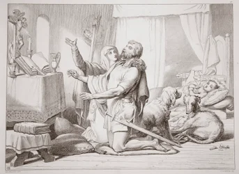 Hvordan Torfrida lærer Hereward at bede, illustration fra Hereward the Great af Charles Kingsley, udgivet af Charles Kingsley. 1870, graveret af C.G. Lewis (stålpladestik)