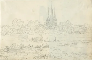 Lichfield Cathedral - East View: pen- og blæktegning, 20. juni [c 1820] (tegning)