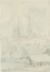 Lichfield Cathedral - South West View: blyantstegning, nd [?1788-1855] (tegning)