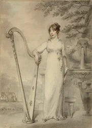 Portræt i fuld længde af "Miss V. Dupuis", der hviler sin arm på en harpe. I baggrunden et springvand og et landskab med hjorte