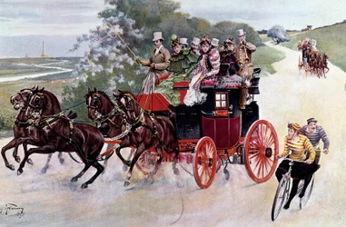 Et træklæs af passagerer og cyklister. Litografi baseret på et maleri af Henry Finney (1800-tallet), ca. 1890. Privat samling