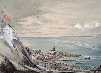 Fort og landsby Mackinaw, med den indiske lejr, september 1842 (wc på papir)