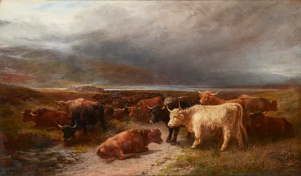 Highland Cattle in a Mountain Glen (olie på lærred)