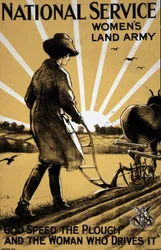 Første Verdenskrig: "En ung kvinde pløjer jorden"" propagandaplakat for kvindernes landhær 1917 Illustration af Henry George Gawthorn (1879-1941) DR