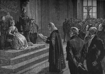 Lorder og menige, der overrækker dronningen en patriotisk adresse på tærsklen til Krimkrigen, 1891