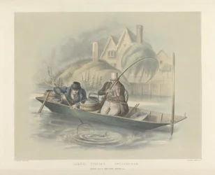 Barbel Fishing, Twickenham, fra et sæt på seks billeder af lystfiskeri (håndfarvet litho)