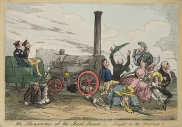 The Pleasures of the Rail Road - Catught in the Railway!, ca. 1840 (håndfarvet radering)