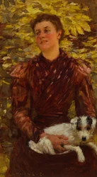 Ung pige med en hund (olie på lærred)
