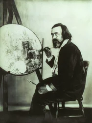 Portræt af Richard Dadd, der arbejder på Oberon og Titania på Betlam hospital, ca. 1875 (s/h-foto)