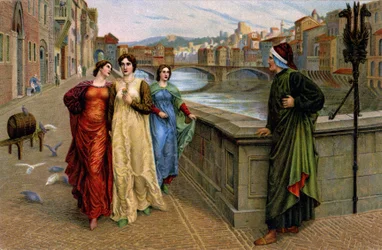 Dante Alighieri møder sin muse Beatrice Portinari i Firenze, ca. 1890 (tryk)
