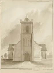 Stafford - Christ Church: sepia vask tegning, 1844