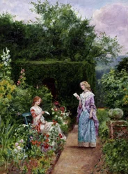 Nyheder fra udlandet. En ung kvinde sidder på en bænk i en have og lytter til en anden kvinde, der læser et brev op. Maleri af Henry John Yeend King (1855-1924). Privat samling.