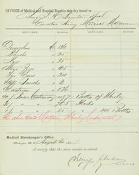 Faktura over medicinske og hospitalsbutikker, underskrevet Henry Johnson, 30. august 1864