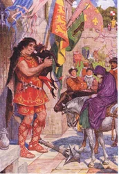 Flibbertigibbet klædt ud som en djævel pacificerer kæmpen, da Wayland bringer Amy til Kenilworth Castle, illustration fra Kenilworth, ca. 1910