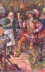 Michael Lambourne drikker med værten på Black Bear, illustration fra Kenilworth, ca. 1910